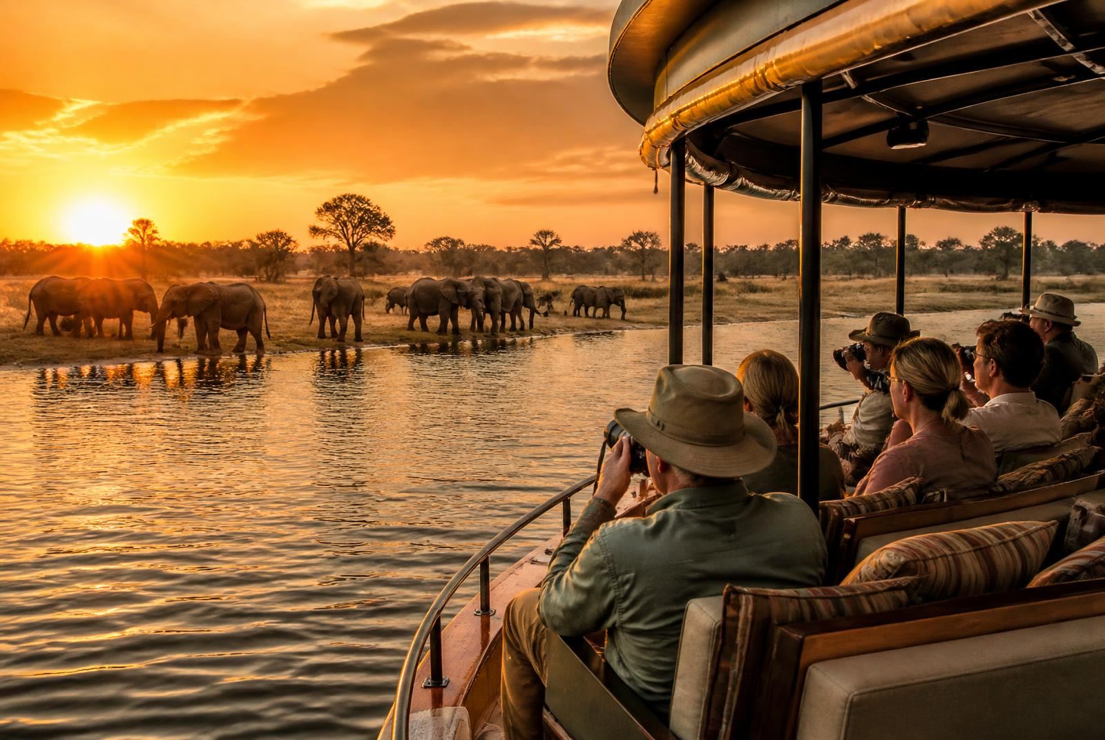 Guests photographing elephants from a private luxury riverboat on the Chobe River at sunset
