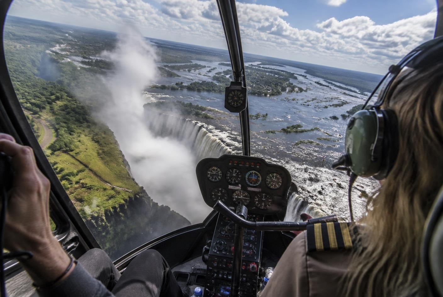 Helicopter banking above the Victoria Falls gorges on a scenic flight