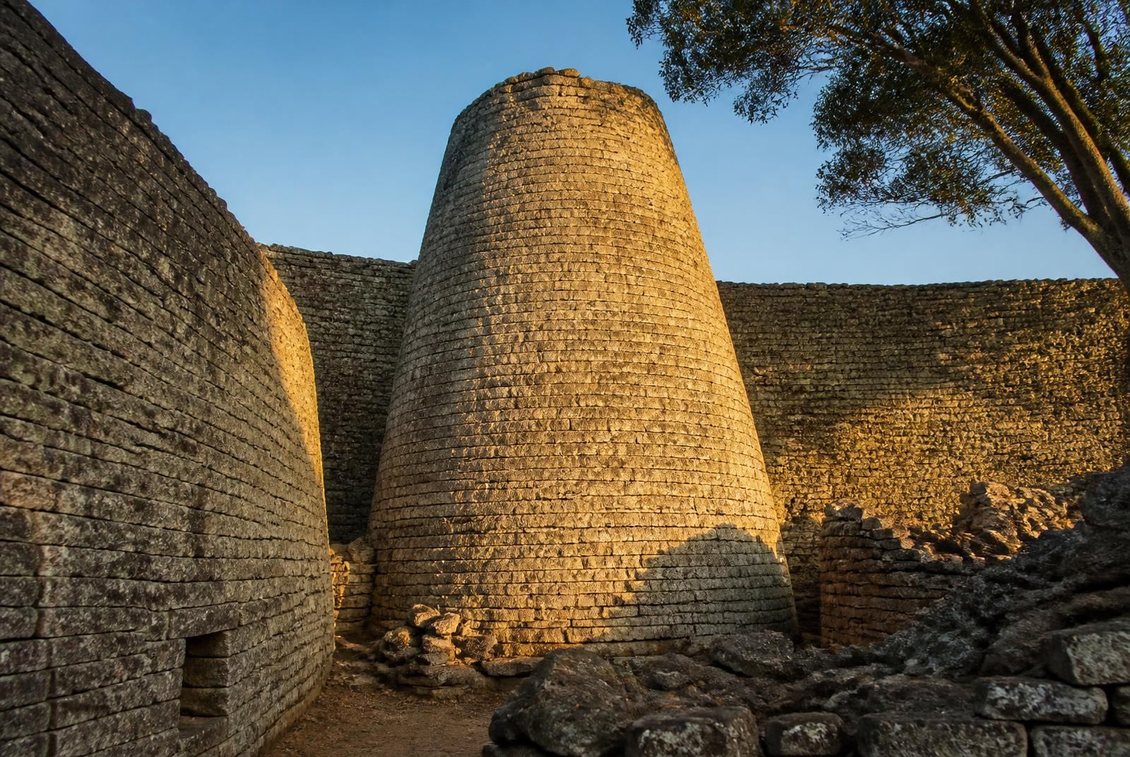 The conical tower inside the Great Enclosure at Great Zimbabwe in afternoon light