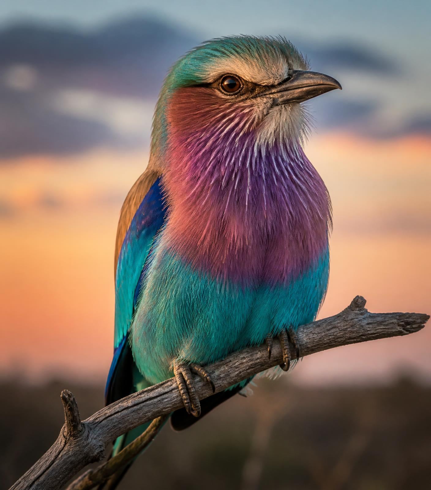 Lilac-breasted roller perched on a dead branch at dawn