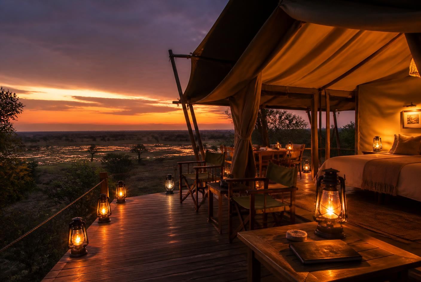 Safari camp deck looking out over the bush at dusk