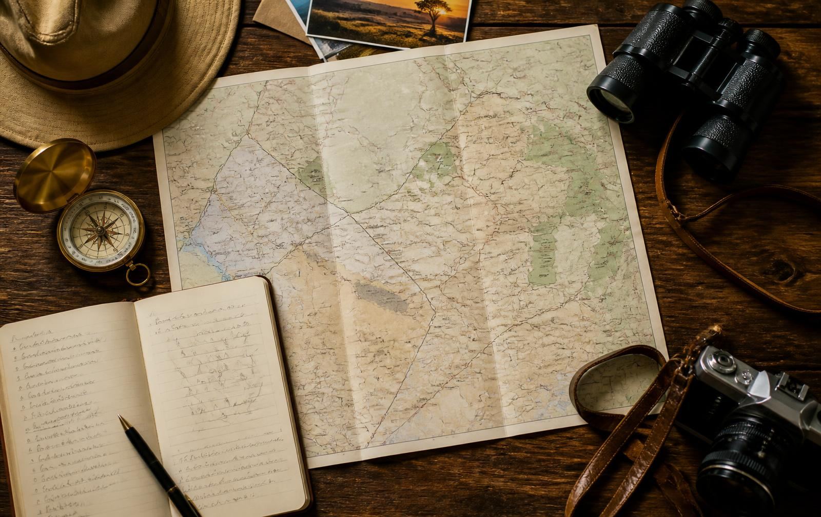 Safari itinerary notes, maps and a notebook on a planning desk